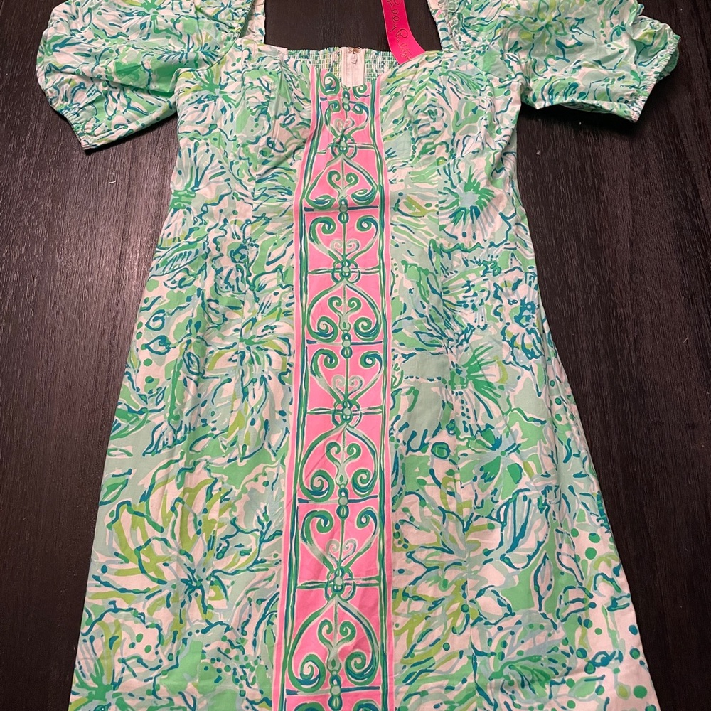 Lilly Pulitzer Daniela Stretch Dress Resort Aqua Green Summer Puff Sleeve NEW